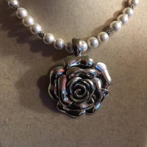 Pearl Necklace – Silver Flower Pendant, Beaded Gemstone Jewelry