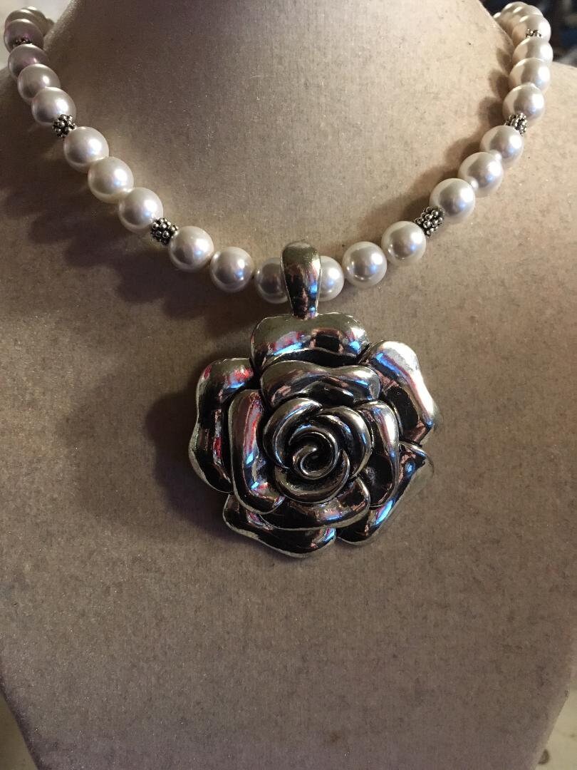 Pearl Necklace – Silver Flower Pendant, Beaded Gemstone Jewelry Pearl Necklace – Silver Flower Pendant, Beaded Gemstone Jewelry