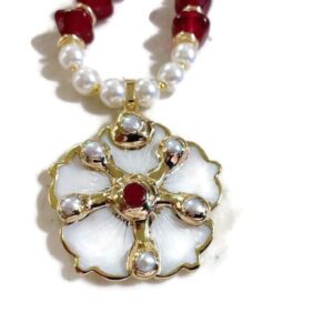 Pearl Necklace - White Flower Pendant, Red Acrylic Beads, Gold Plated