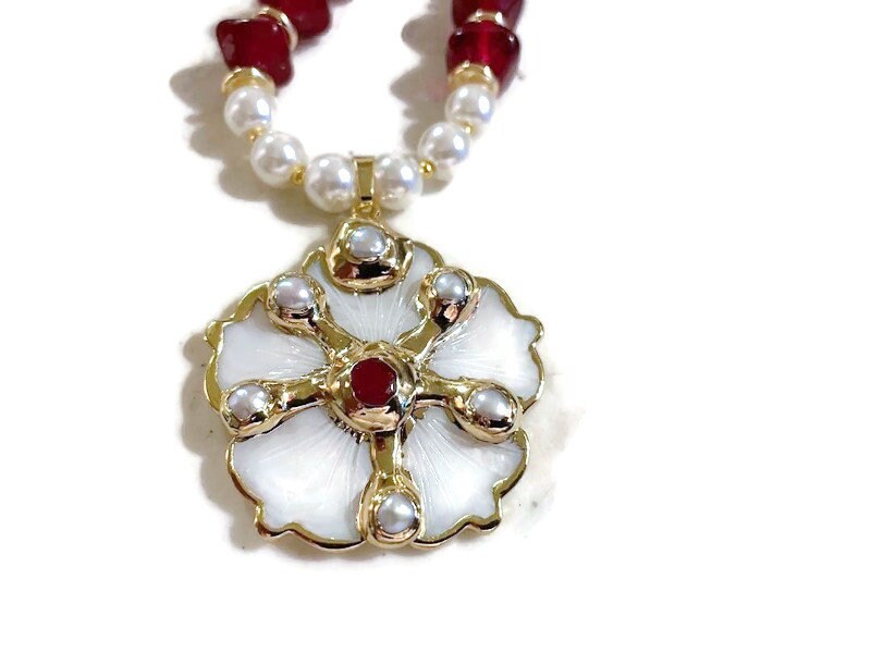 Pearl Necklace - White Flower Pendant, Red Acrylic Beads, Gold Plated Pearl Necklace - White Flower Pendant, Red Acrylic Beads, Gold Plated