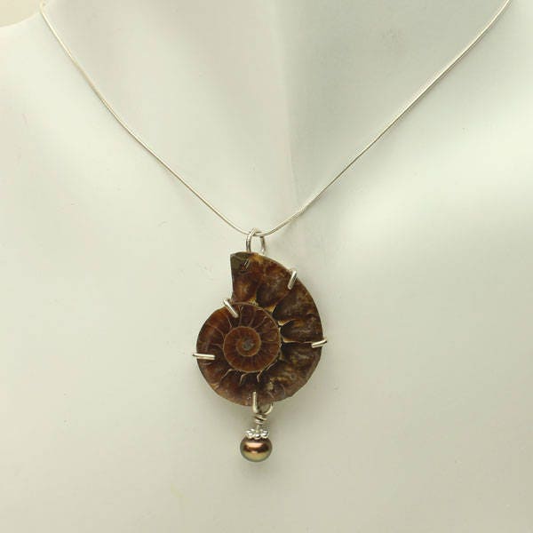 Real Ammonite Necklace, Natural Ammonite Fossil Sterling Silver Pendant, Black Tahitian Pearl, Chain