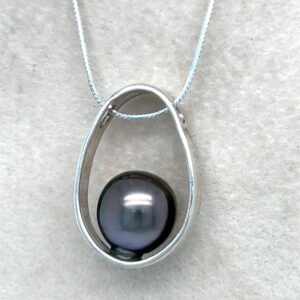 Tahitian Pearl Necklace Natural Black Pearl Sterling Silver Pendant, Floating Pearl, 18 Inch Chain