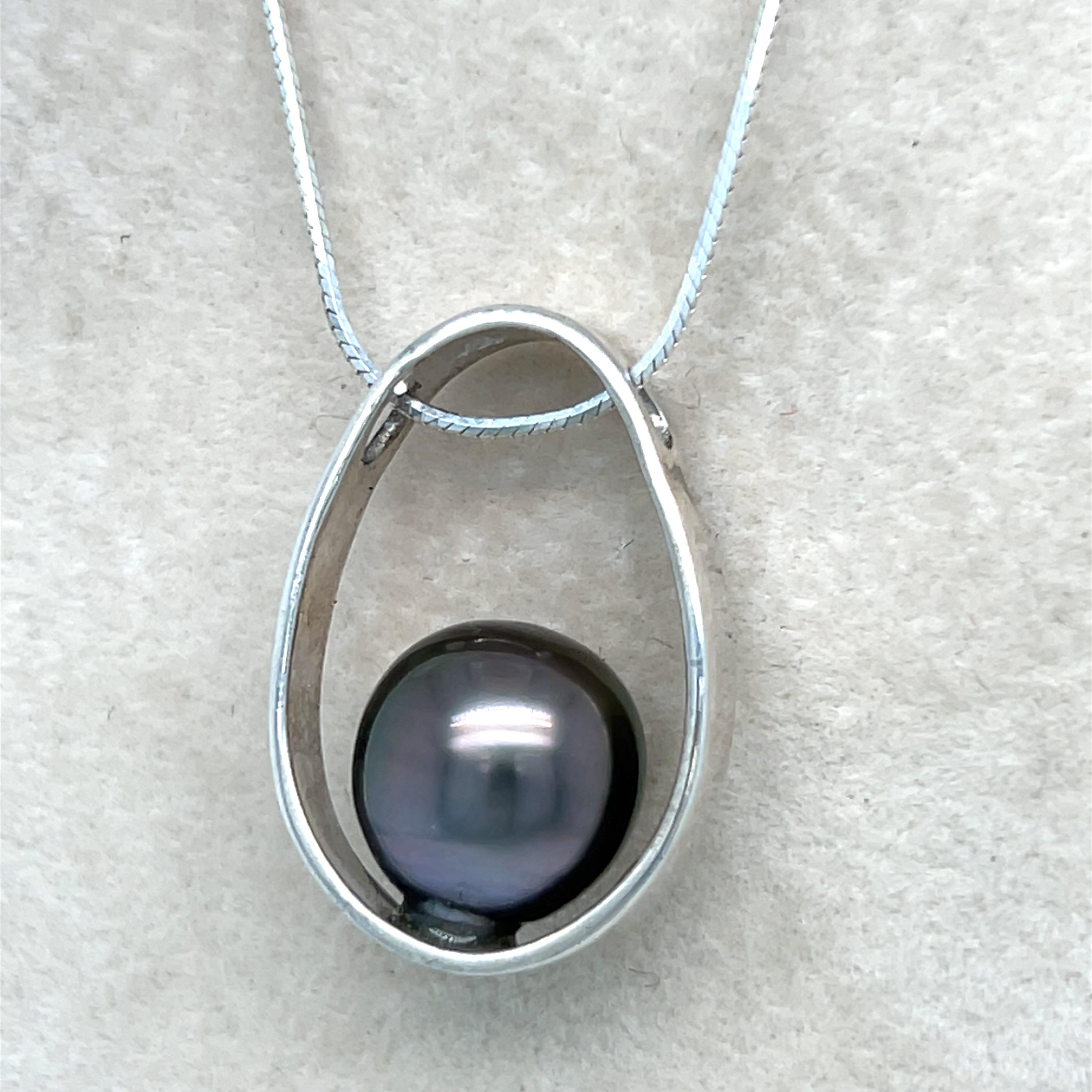 Tahitian Pearl Necklace Natural Black Pearl Sterling Silver Pendant, Floating Pearl, 18 Inch Chain