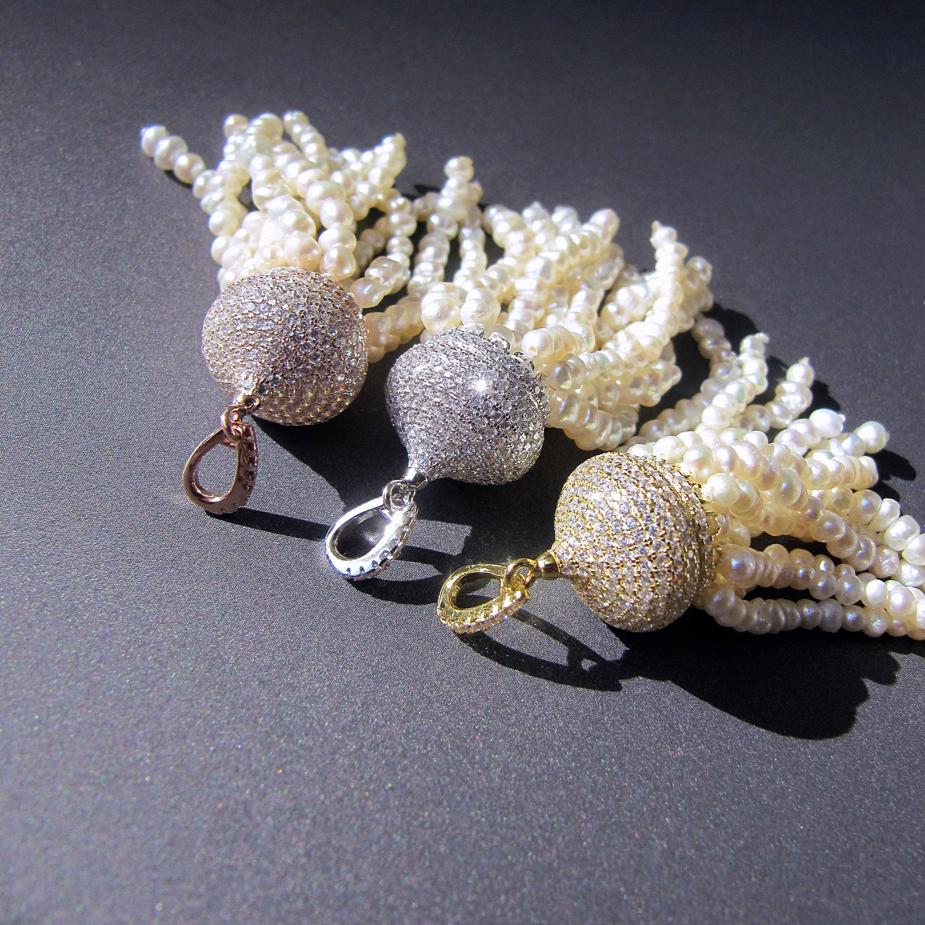 Pearl Tassel Pendant • Sterling Silver 925 • Rhodium / Rose / Gold Vermeil • Sparkling Pavé Cz Cubic Zirconia • Tariff Free Delivery To Usa