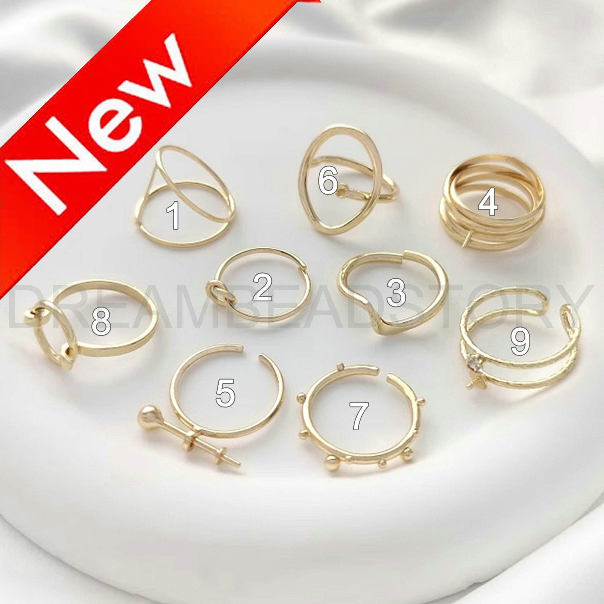 1-50 Pcs Women Ring Making Supply 14k Real Gold Plated Brass Blank Adjustable Ring Setting With Peg For Half Drilled Pearl Beads (9 Style) 1-50 Pcs Women Ring Making Supply 14k Real Gold Plated Brass Blank Adjustable Ring Setting With Peg For Half Drilled Pearl Beads (9 Style)