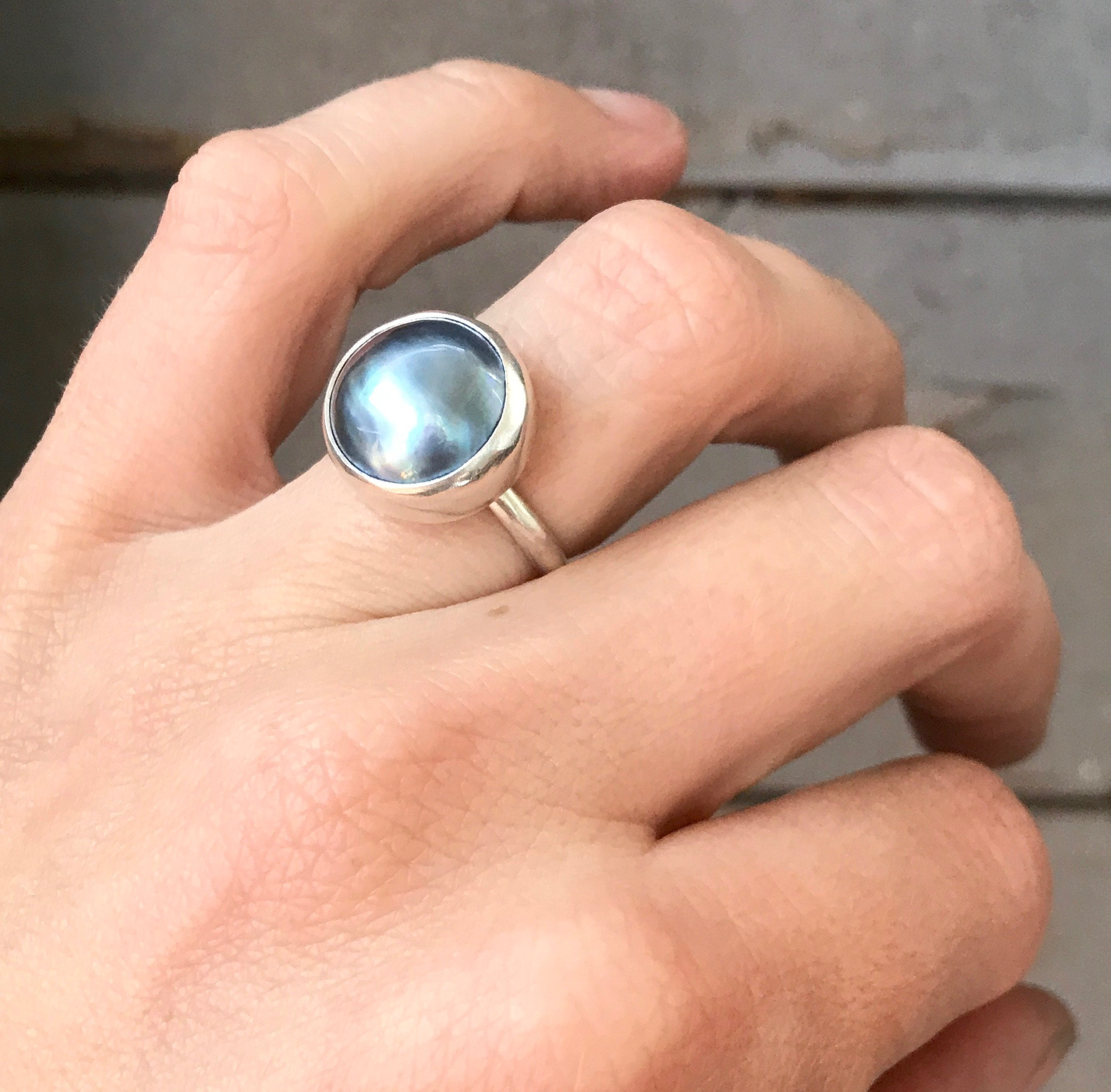 14mm Blue Grey Luminescent Mabe South Sea Aaa Pearl Sterling Silver Ring | Pearl Ring | Mabe Pearl Ring | June Birthday | Mermaid Jewelry