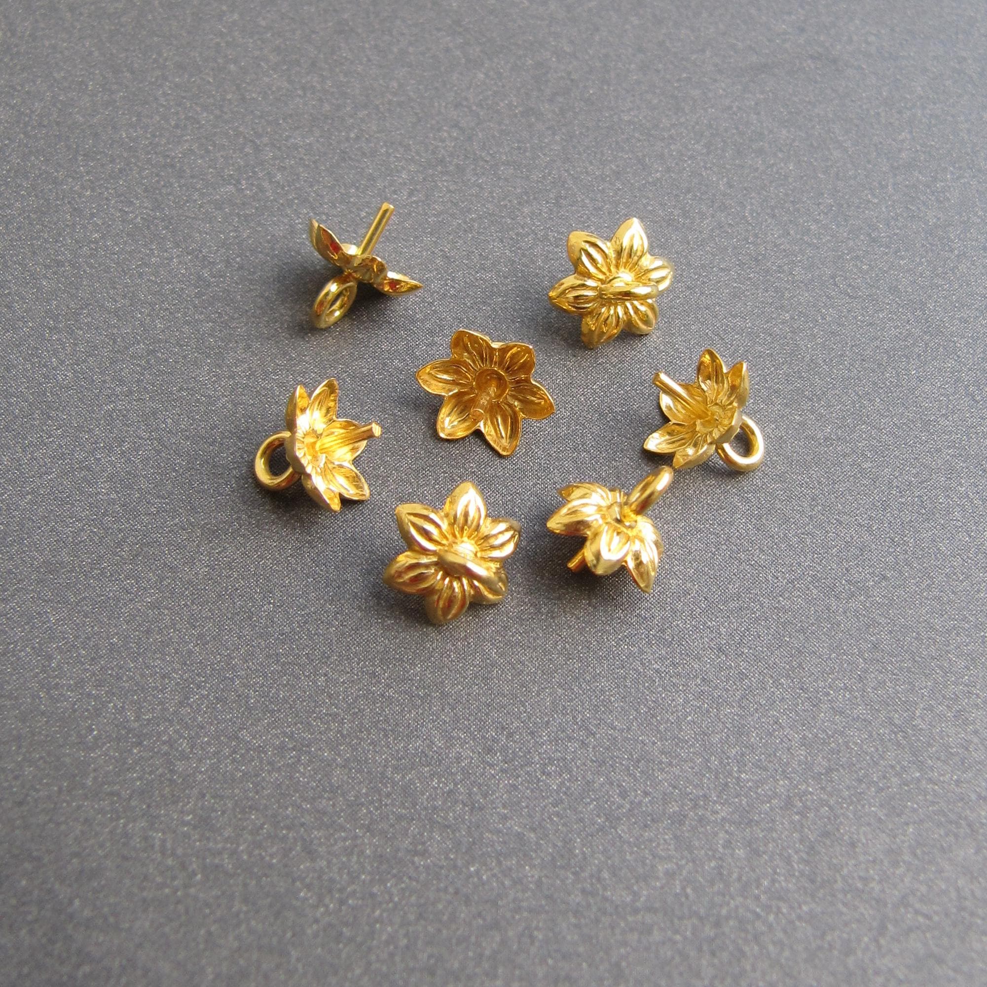 18k Gold Bail Setting For Half Drilled Pearls Beads • 6mm Fluted Flower Cup Cap • 0.70mm Peg • 3mm Jump Ring /1.60mm Hole • Solid 18 Carat