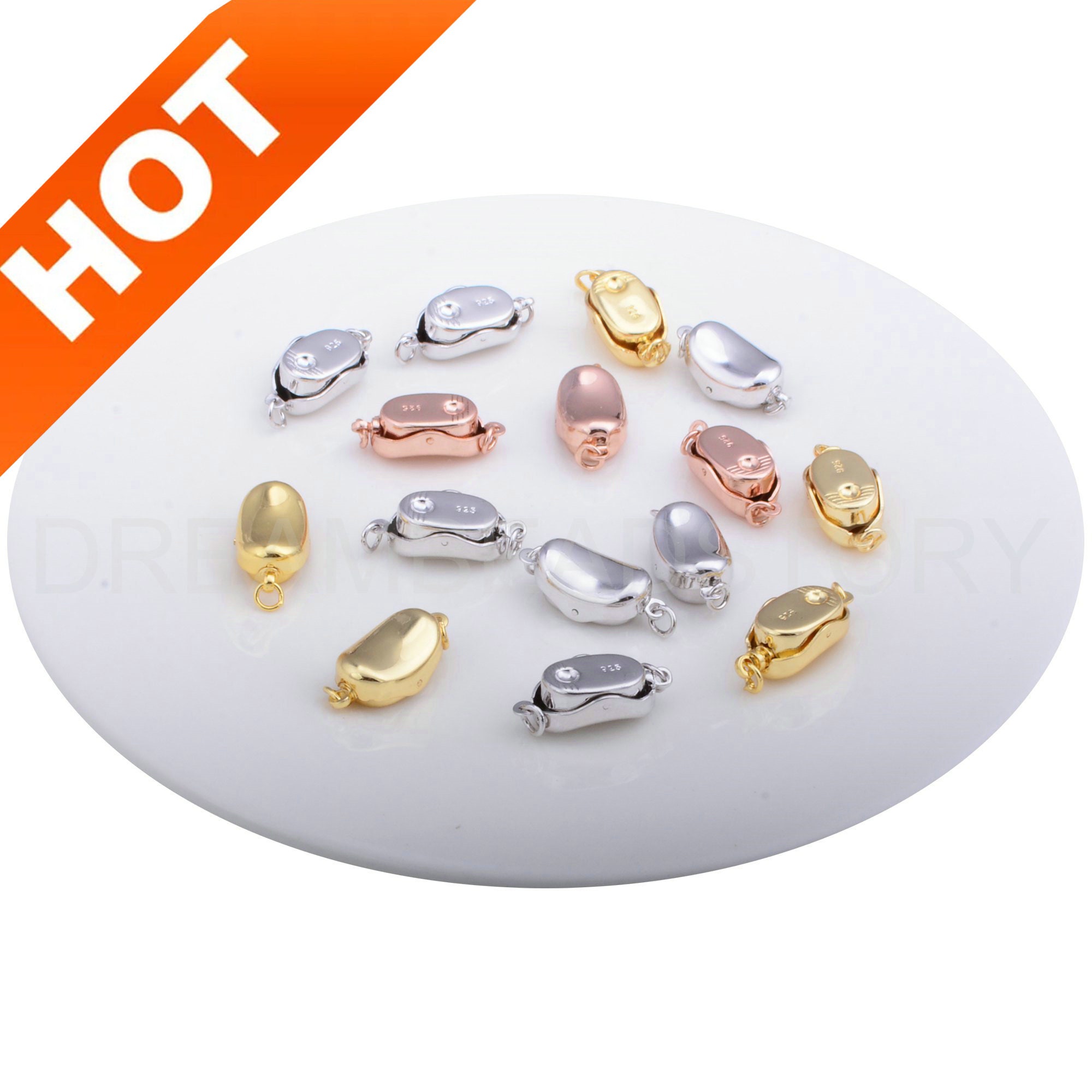 2-50 Pcs Oval Coffee Bean Clasp/ Push In Box Clasp Connector With Rings/ 18k/ White/ Rose Gold Plated Pearl Closure Finding