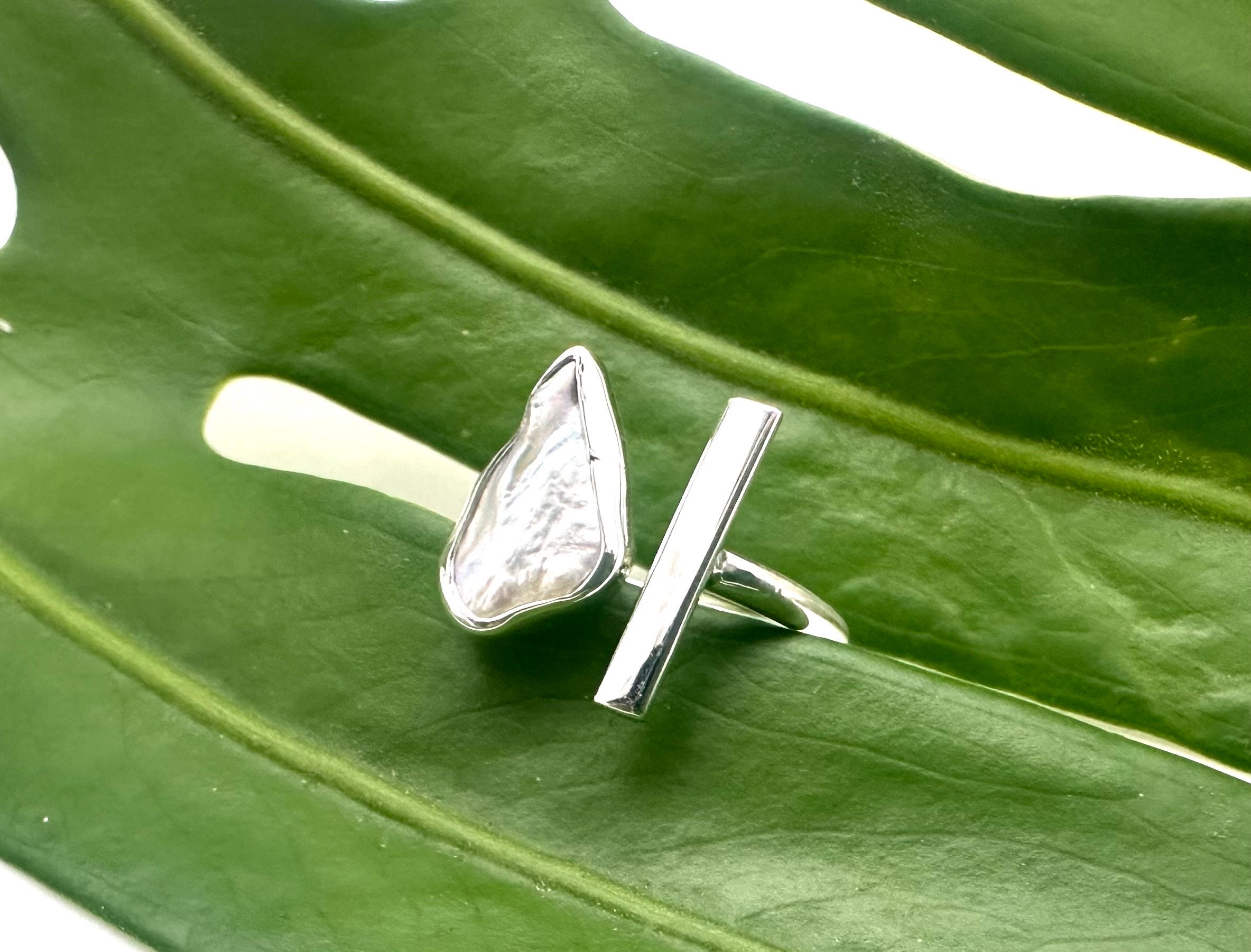 Biwa Pearl Sterling Silver Ring - Modern Minimalist, Size 6