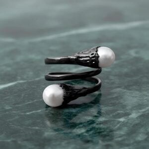 Black Oxidized Copper Pearl Ring, Bypass Style
