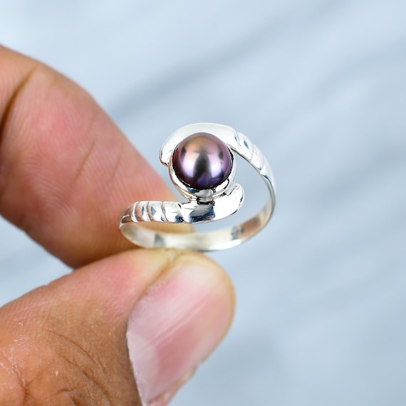Black Pearl Ring: Round Cut 925 Sterling Silver, June Birthstone
