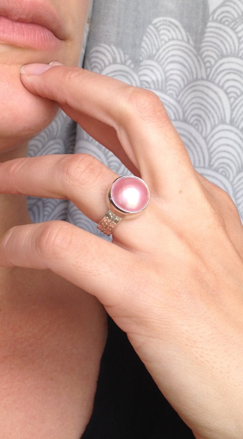 Elegant Romantic Blush Pink Mabe South Sea Pearl In Sterling Silver With Sterling Silver Decorative Ring Band | Pearl Ring | June Birthstone