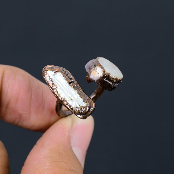 Handmade Electroformed Copper Biwa Pearl Ring, Adjustable Band