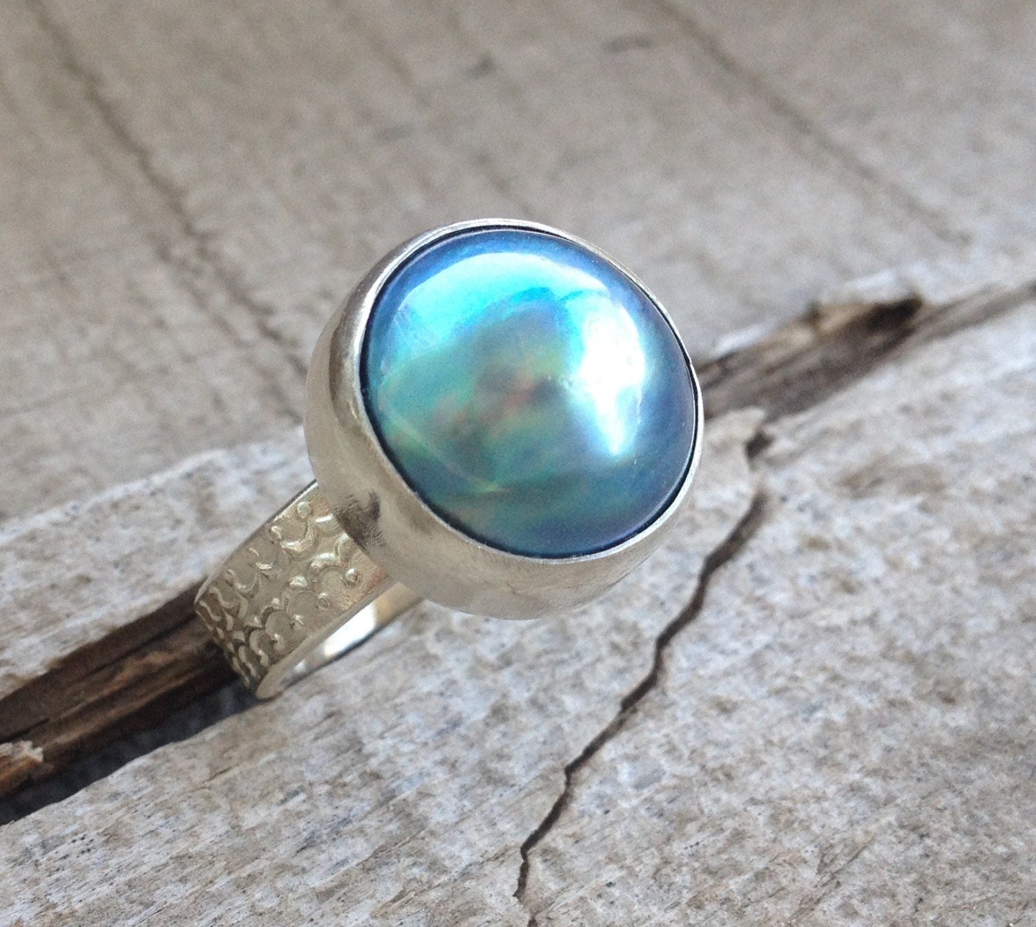 Large Elegant Blue Pink White Or Gray Mabe Pearl Sterling Silver Decorative Ring Band | June Birthstone | Mermaid Jewelry | Boho