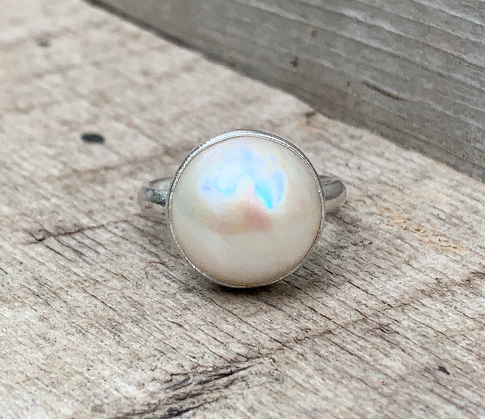 Large Elegant White Cream Luminescent Mabe South Sea Aaa Pearl Sterling Silver Ring | Mermaid Jewelry | Boho | June Birthstone