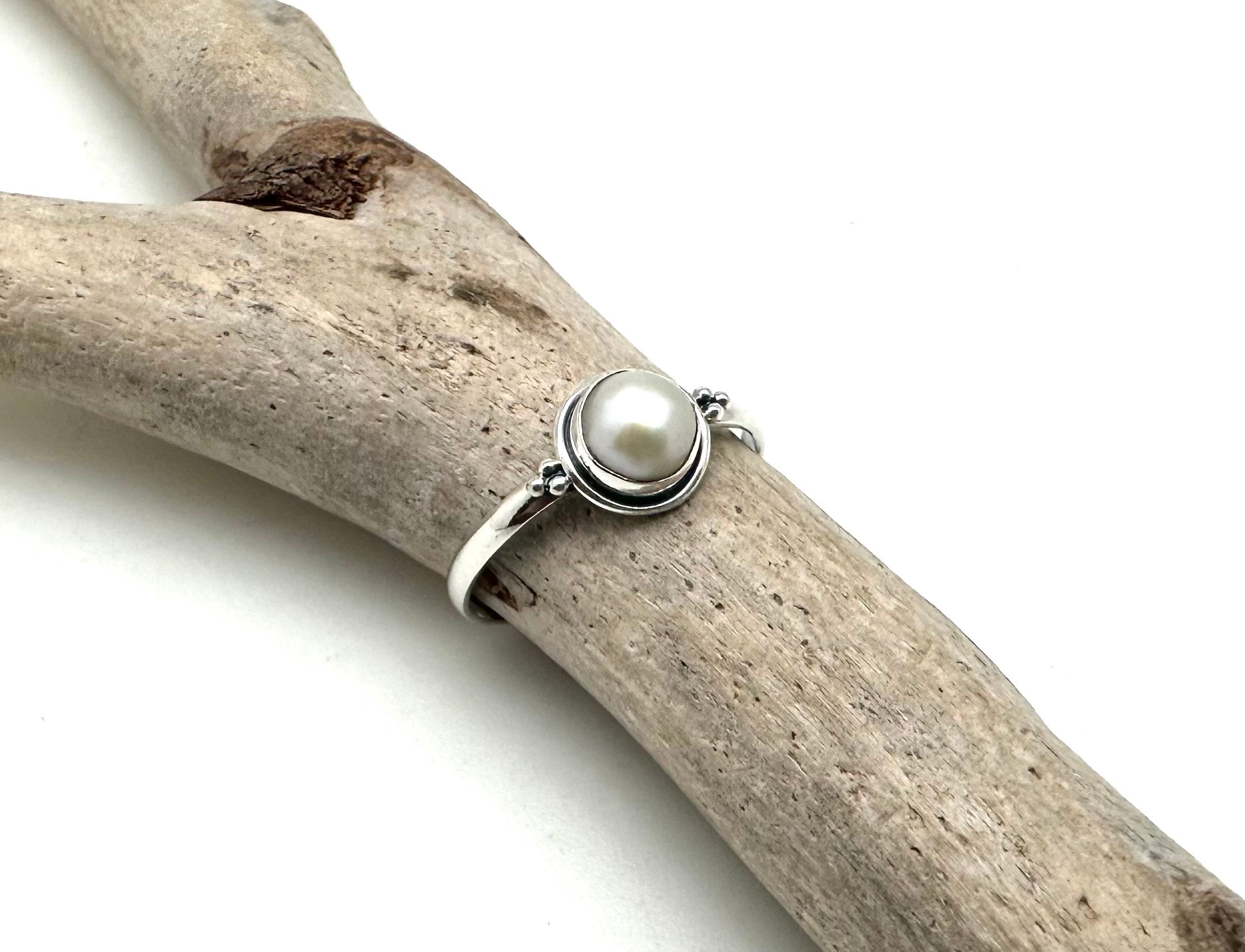Small Pearl Sterling Silver Ring, Minimalist Everyday Ring