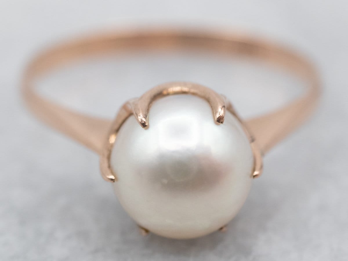 Vintage 10k Yellow Gold Pearl Solitaire Ring, June Birthstone