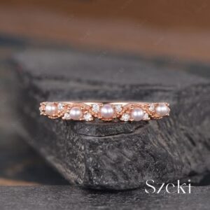 Vintage Pearl Wedding Band Rose Gold Moissanite Matching Band Half Eternity Band Ring Art Deco Cluster Ring Stacking Promise Ring For Her