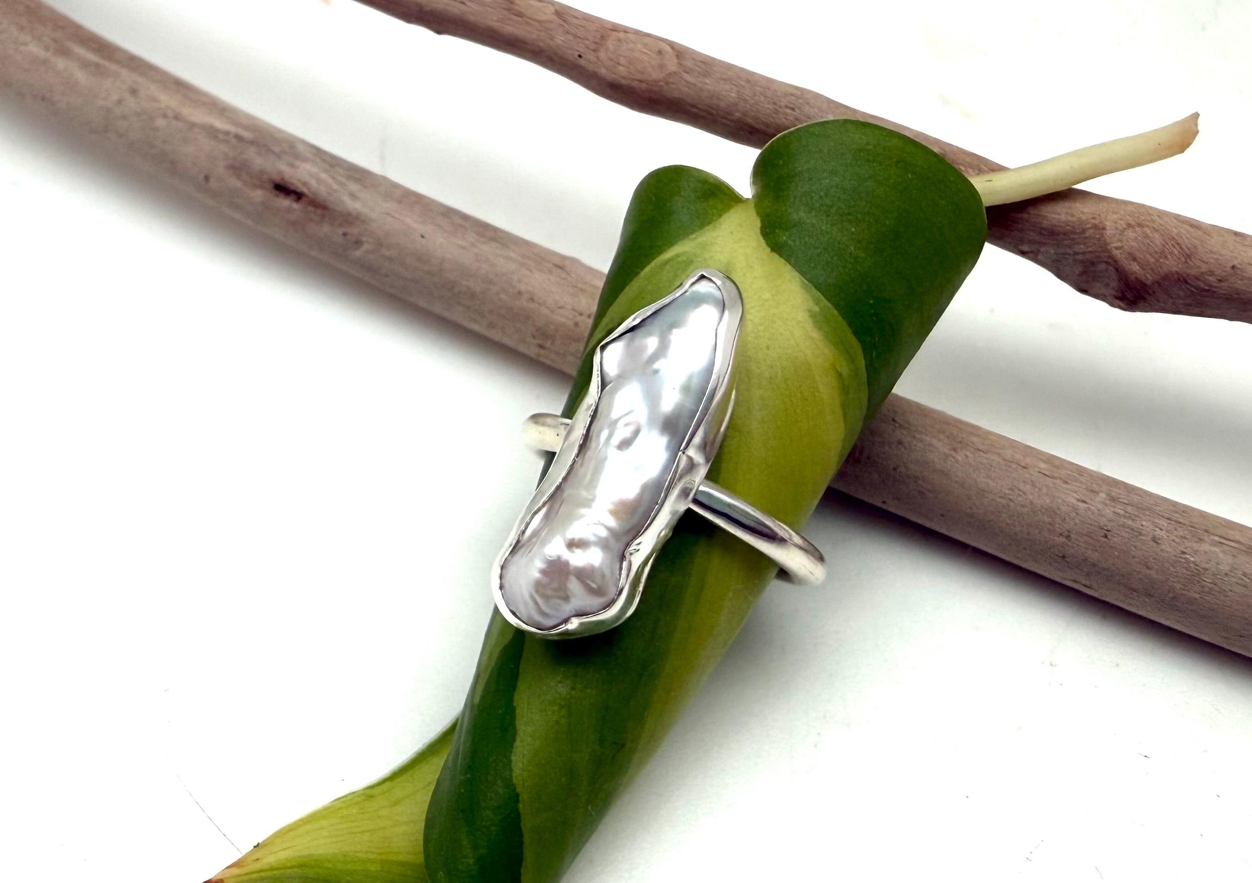 White Biwa Pearl Sterling Silver Ring, Size 6