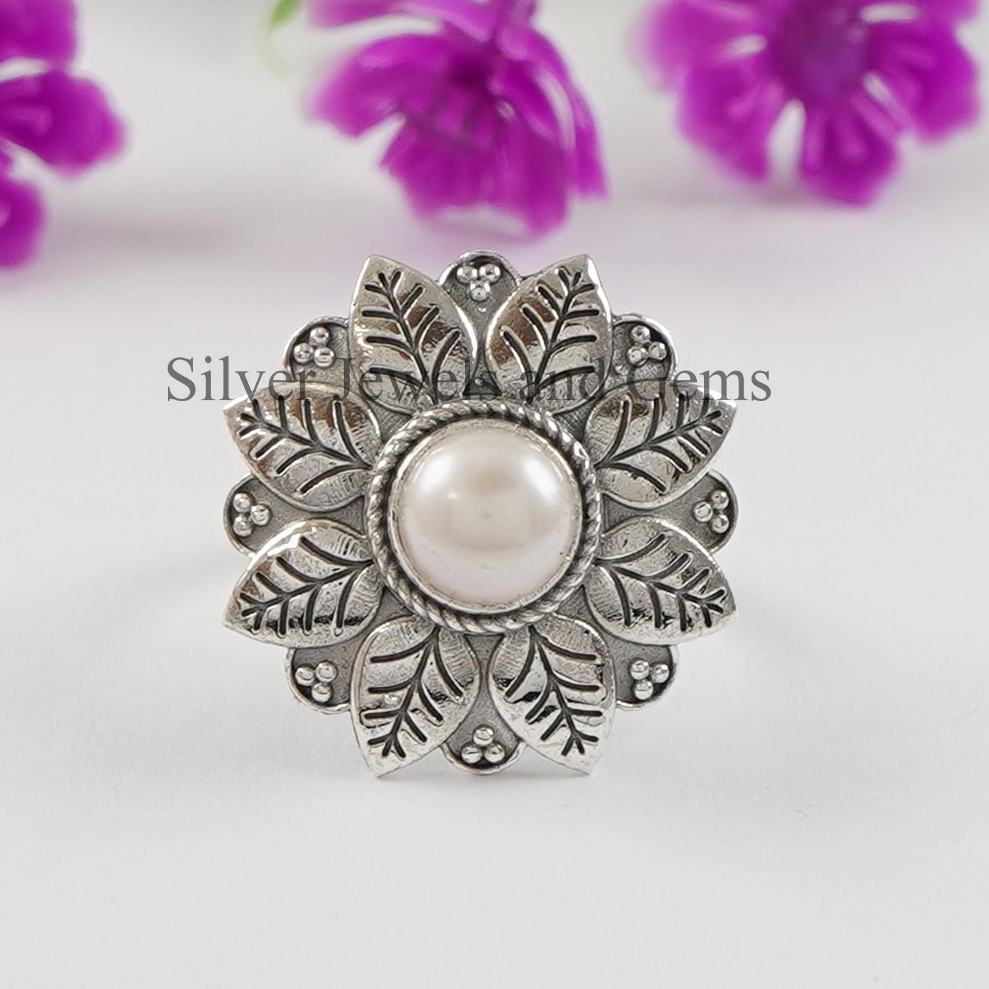 White Pearl Ring, Floral Design Ring, Round Fresh Water Pearl Ring, June Birthstone Ring, 925 Sterling Silver, Gift For Her, Handmade Ring
