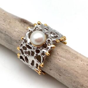 White Pearl Silver Gold Band Size 8, 9 / Pearl Silver Gold Ring / Fresh Water Pearl / Pearl Coral Ring / Pearl Gold Ring / 925 Silver