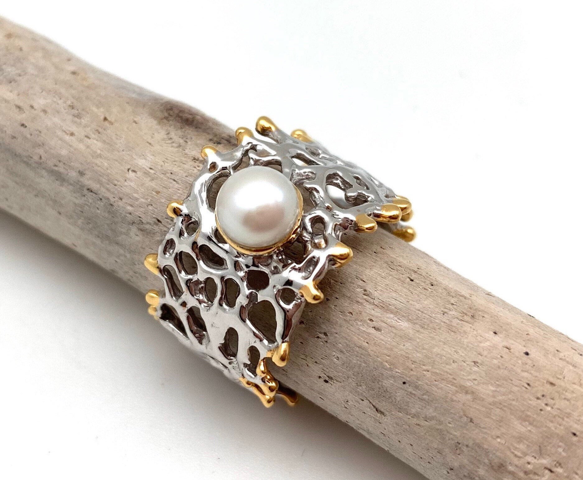 Freshwater Pearl Cage Ring, 18k Gold & 925 Sterling Silver, Size 8/9