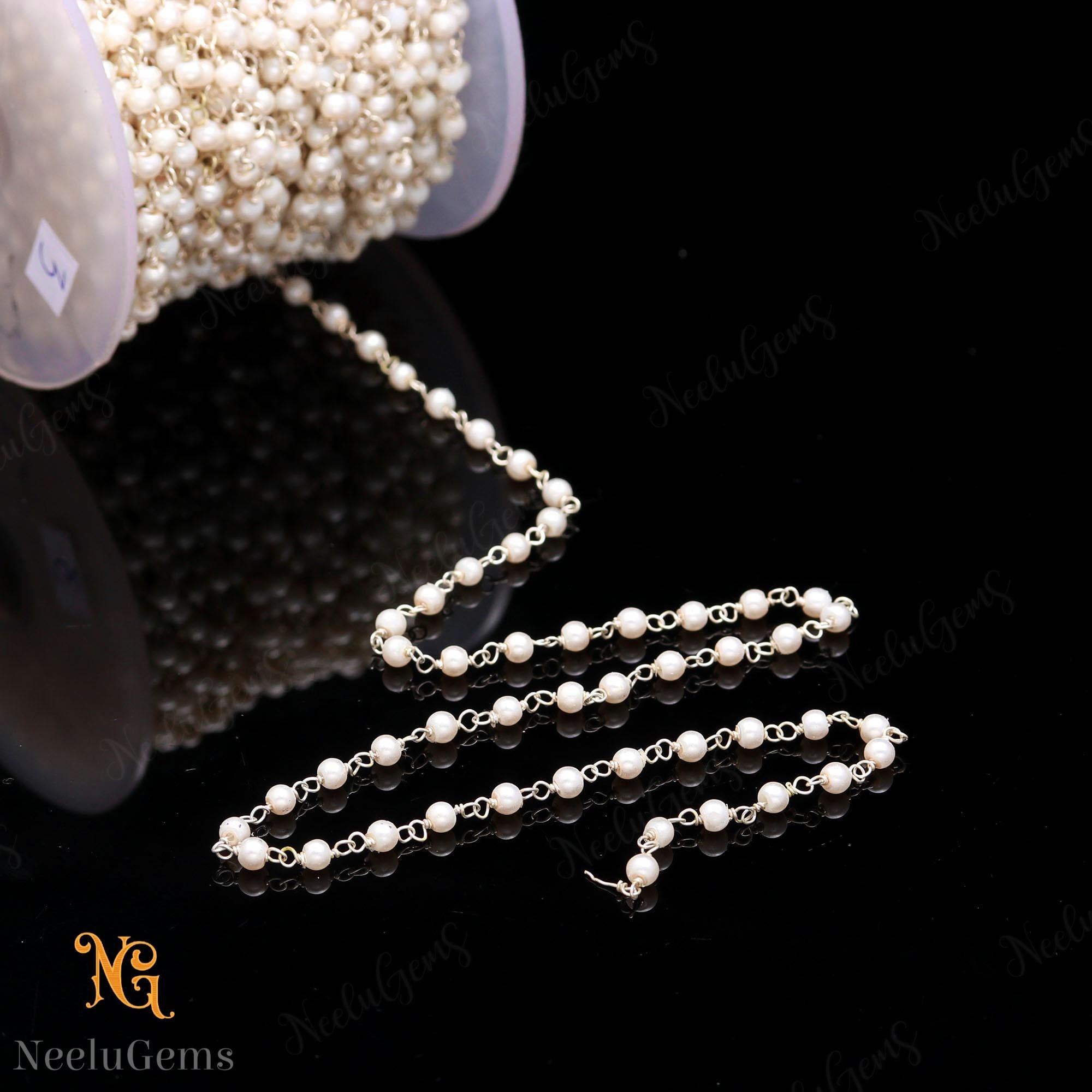Beautiful White Pearl Hydro Rondelle Beads Chain,3 Mm Silver Plated Wire Wrap Microcut Beaded Chain,rosary Chain For Handmade Jewelry