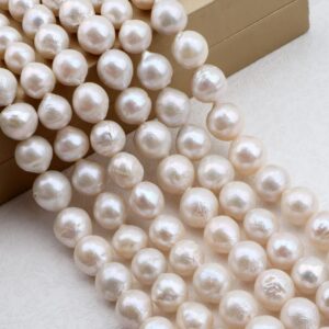 12-15mm Good Luster Natural White Freshwater Pearl Round Potato Pearl, Full Strand Genuine Cultured Freshwater Pearls--15.5 Inches--ads0022