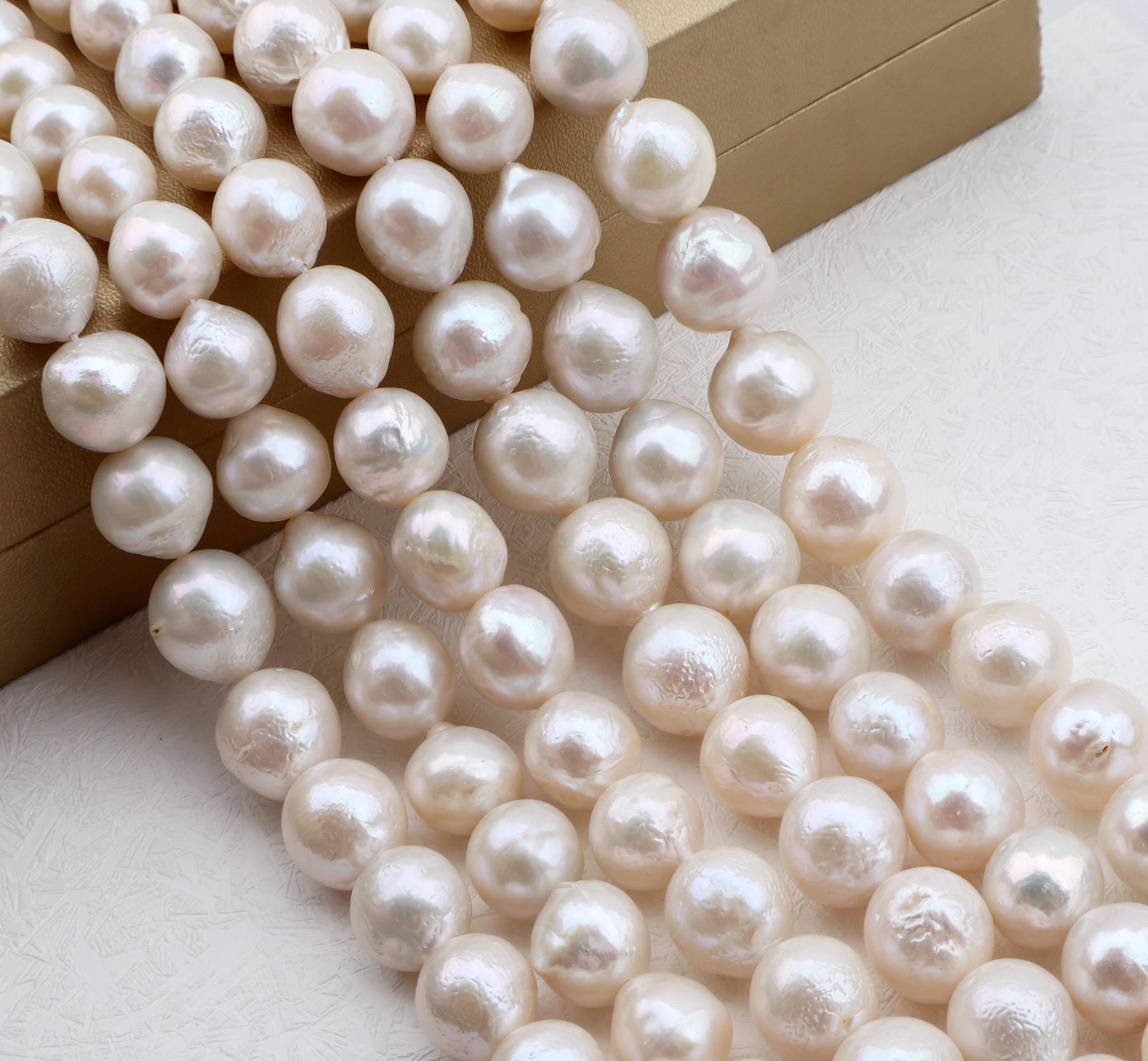 12-15mm Good Luster Natural White Freshwater Pearl Round Potato Pearl, Full Strand Genuine Cultured Freshwater Pearls--15.5 Inches--ads0022