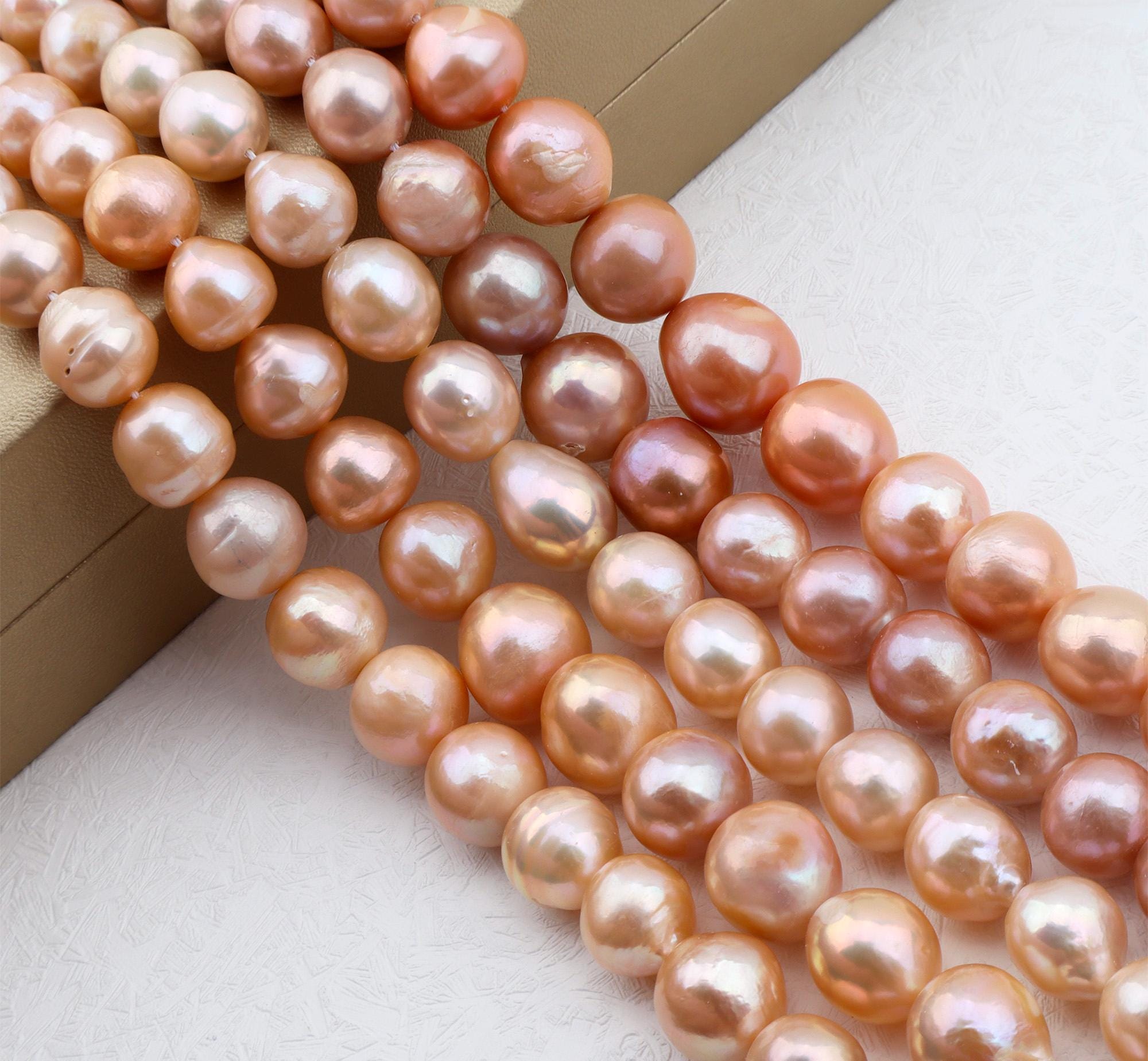 12-15mm Natural Pink Freshwater Pearl Round Potato Pearl, Full Strand Genuine Cultured Freshwater Pearls--15 Inches--ads0030