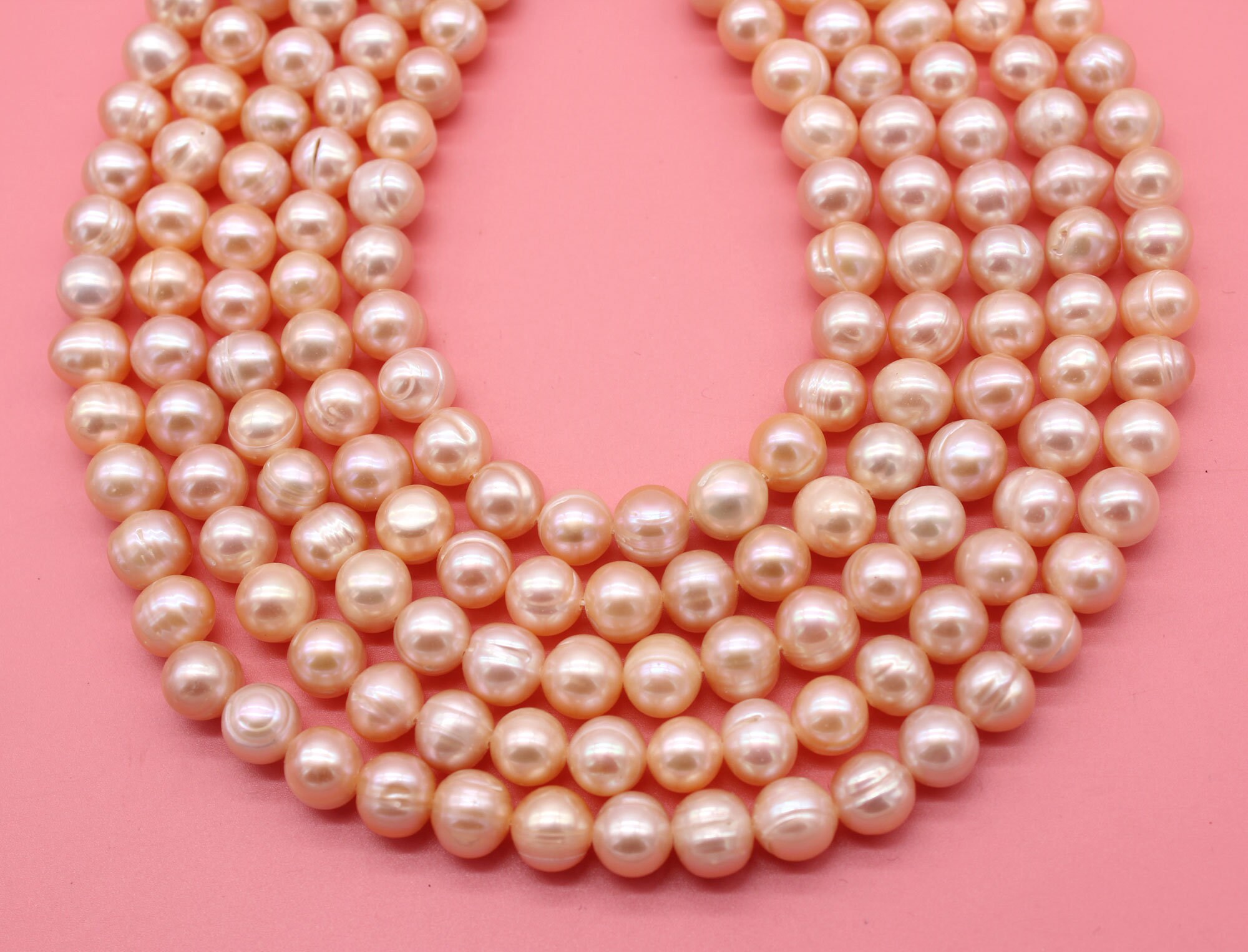 7-8mm Pink Freshwater Pearl Beads: Near Round Baroque Bridal Pearls, 15-15.5 Inches
