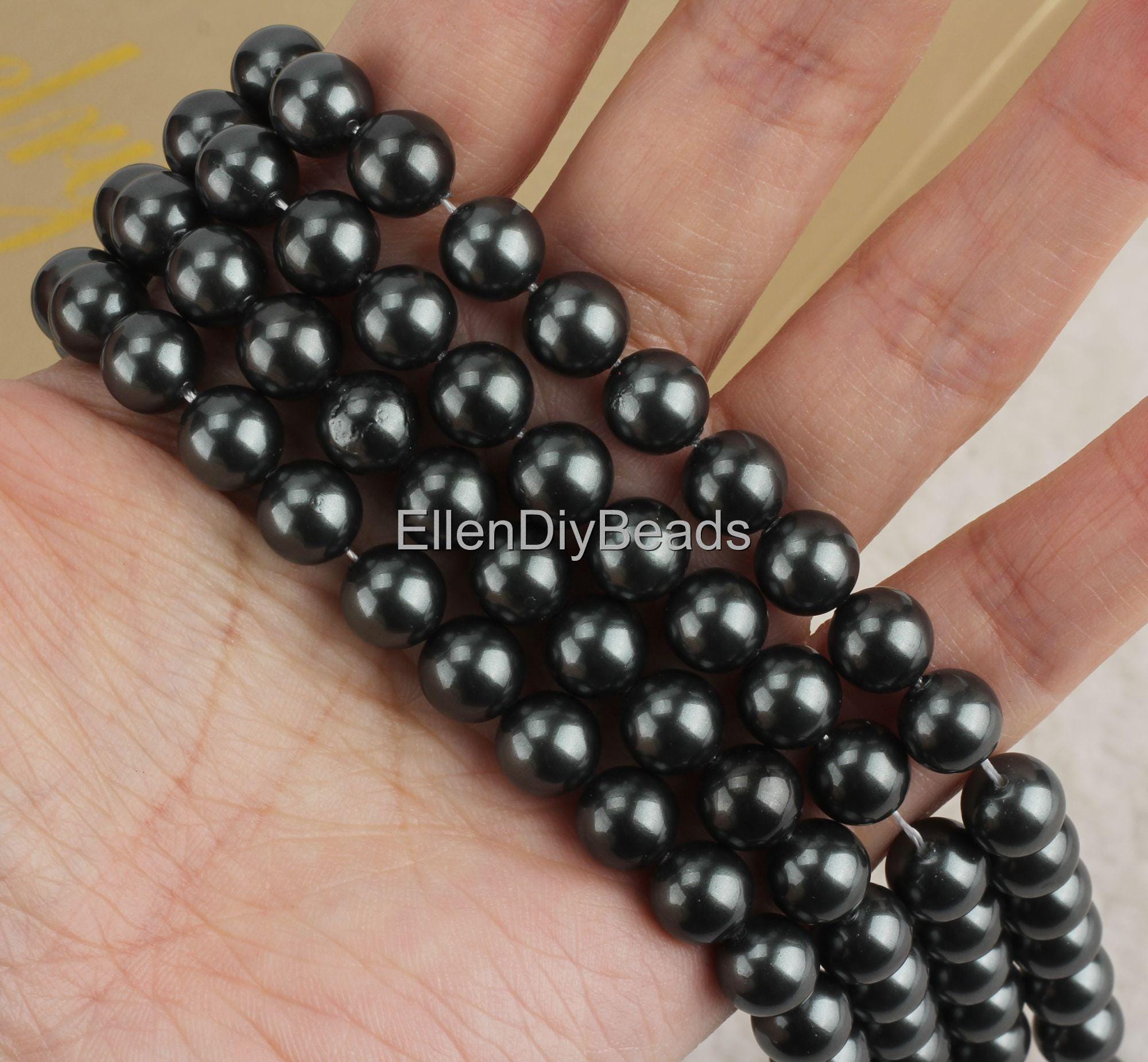 8mm Black Round Shell Beads, Good Luster Black Shell Pearl Beads, Jewelry Supplies, Wedding Pearls, Full Strand--48pcs-15.5inches-sh0010