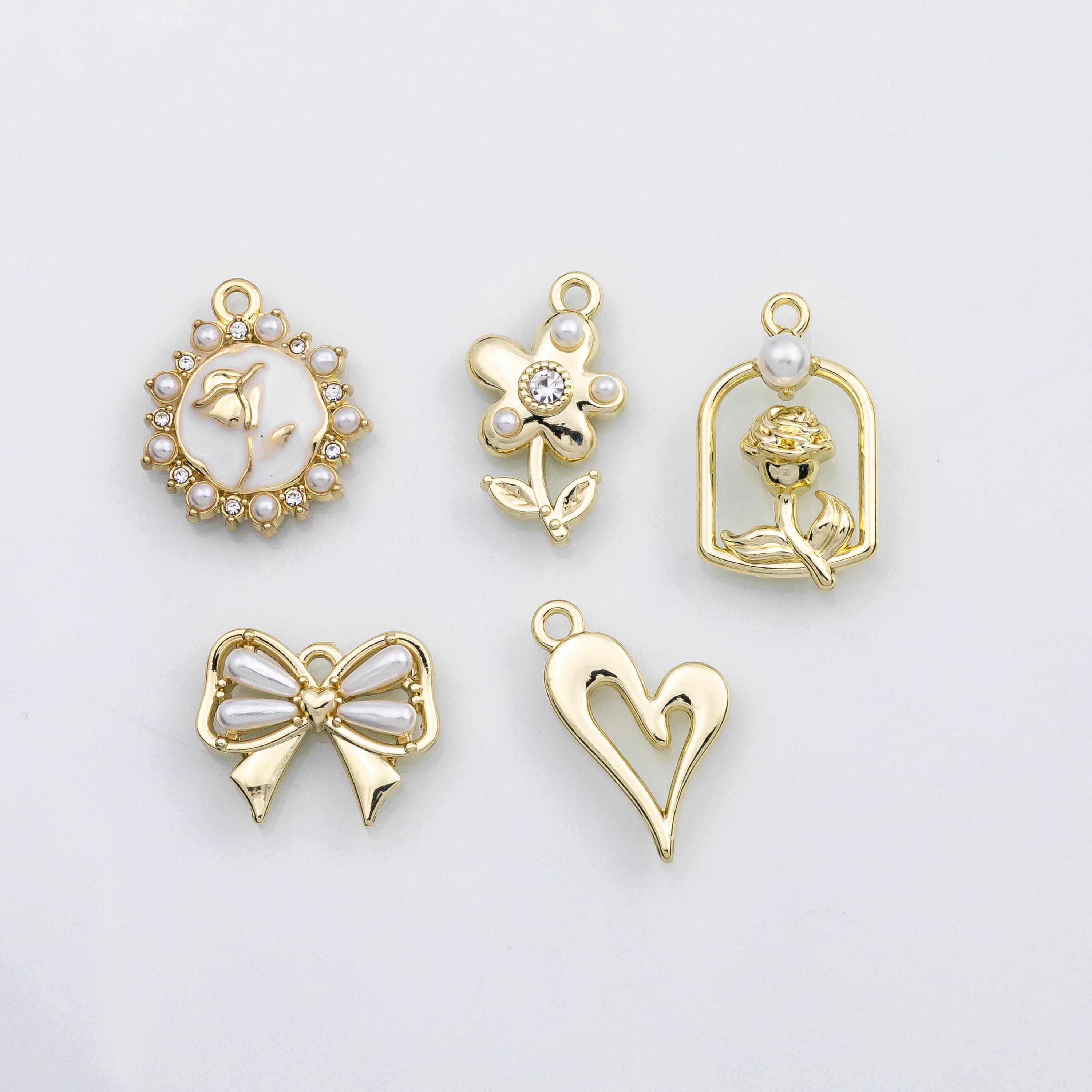 18k Gold Pvd Flower Bow Ribbon Pearl Heart Charm     S  Charms - Tarnish Resistant