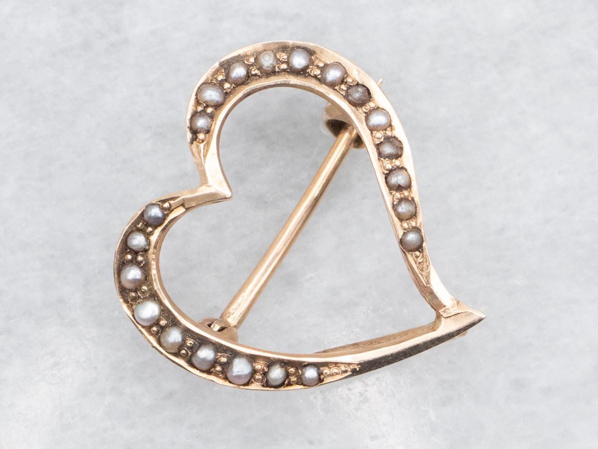 Vintage 10k Yellow Gold Seed Pearl Heart Brooch