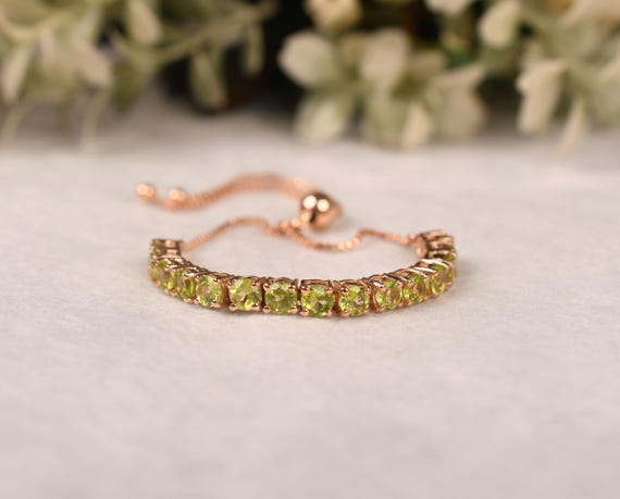 Peridot Bolo Bracelet, Rose Gold Sterling Silver, Adjustable Chain