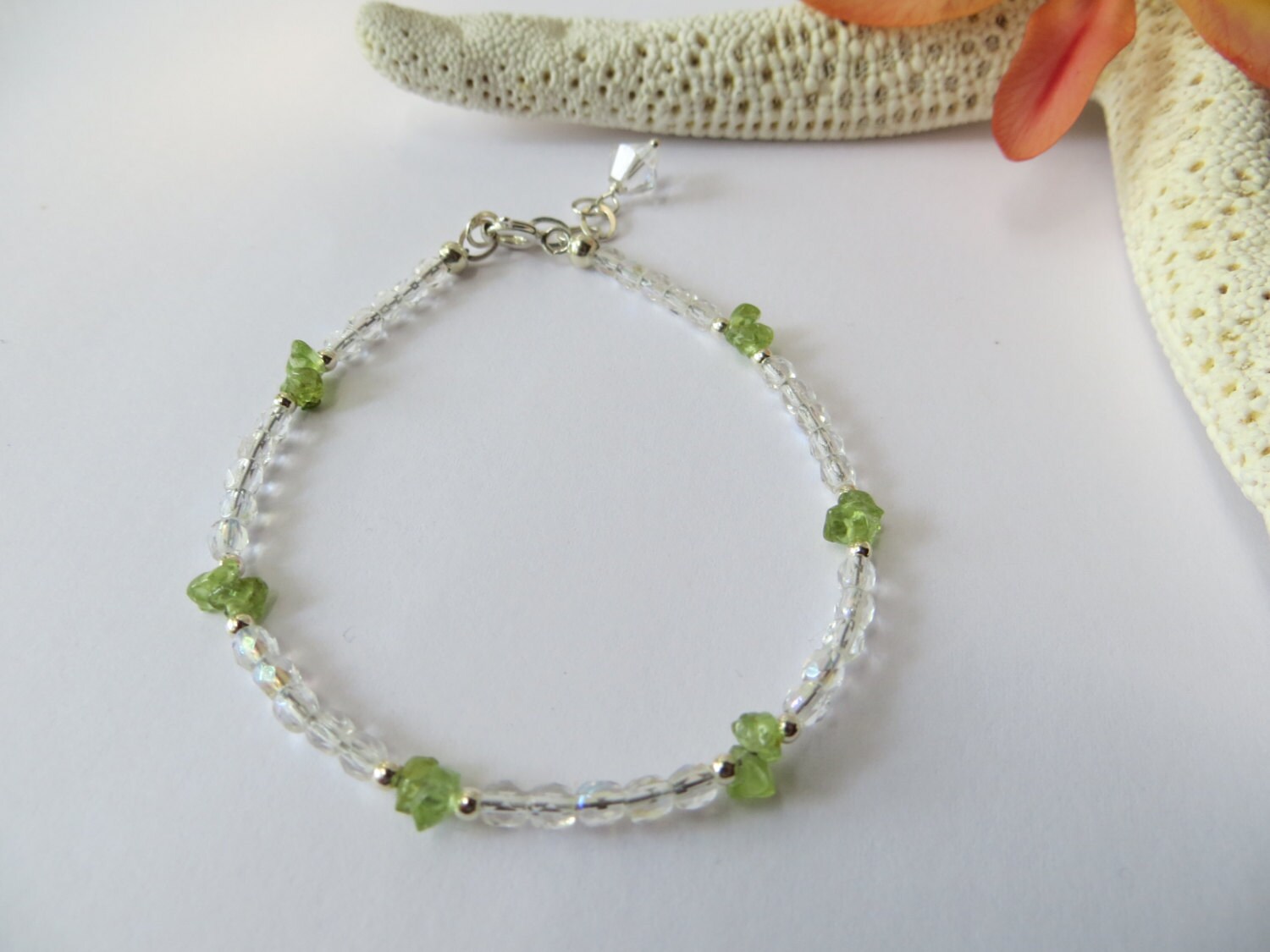 Peridot Chip Bracelet, Czech Fire Polished Crystal, Sterling Silver, August Birthstone