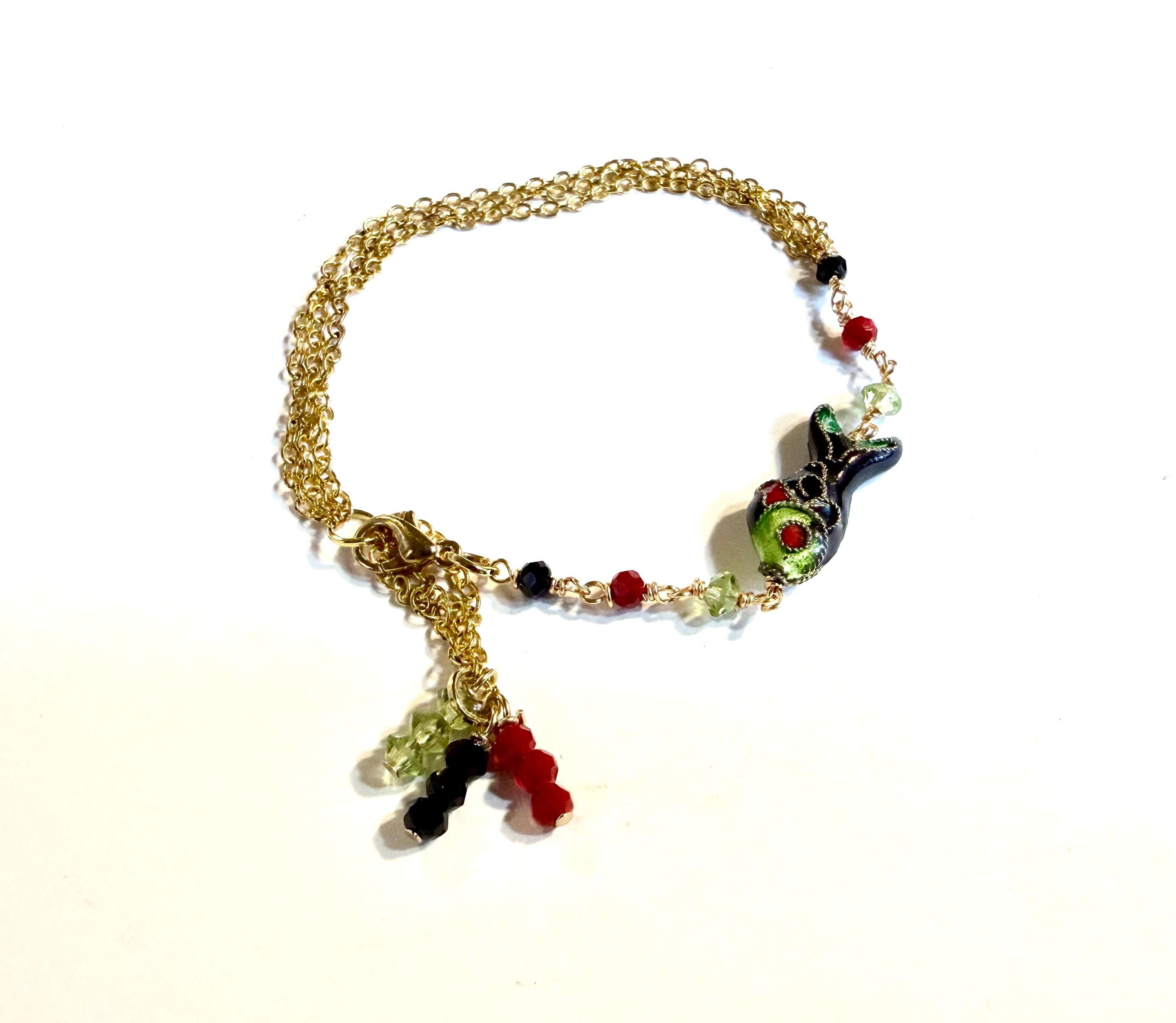 Cloisonne Fish Bracelet - Beaded Jewelry - Gold Chain Jewellery - Green Peridot - Red Black Crystals, Gift - Handmade - Carmal - Tassel