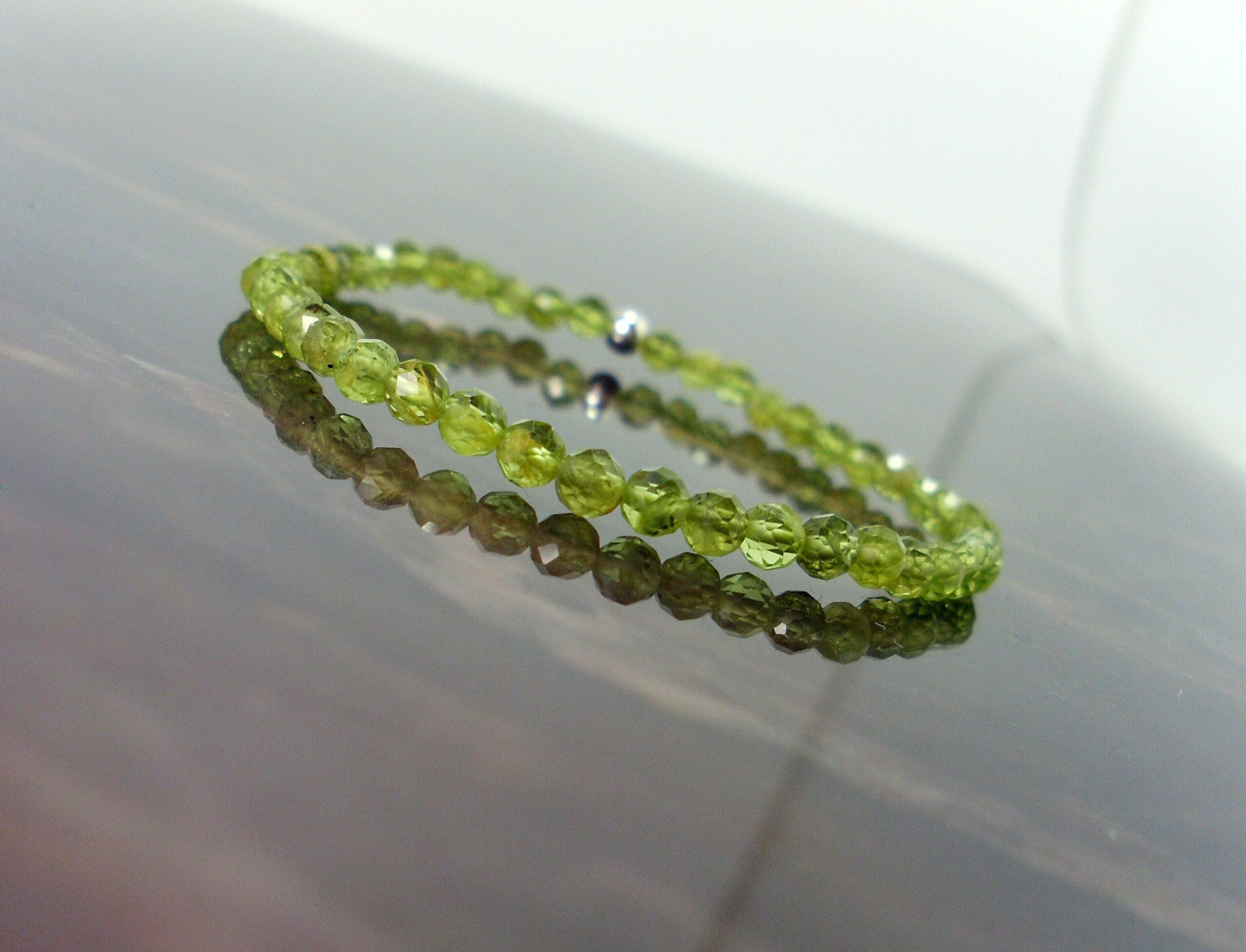 Dainty Peridot Faceted Bracelet 4 Mm + Sterling Silver Bead, Natural Gemstone Bracelet, Stretch Beaded Bracelet For Women Girl + Gift Bag