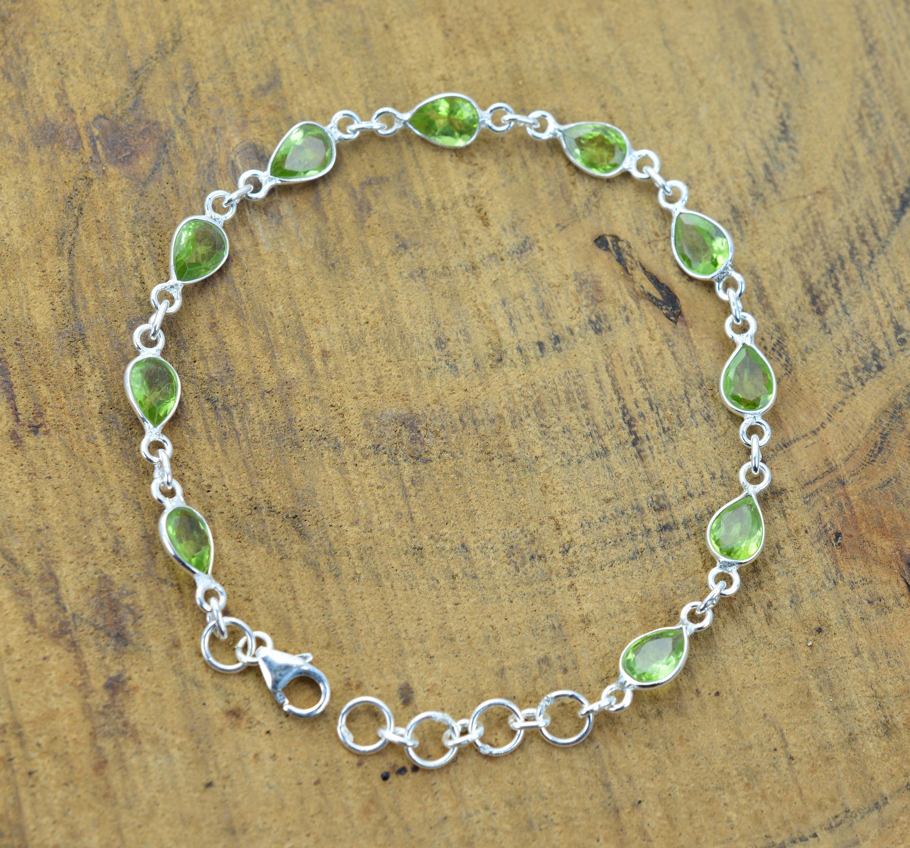 Green Peridot 925 Sterling Silver Teardrop Shape Gemstone Jewelry Adjustable Bracelet