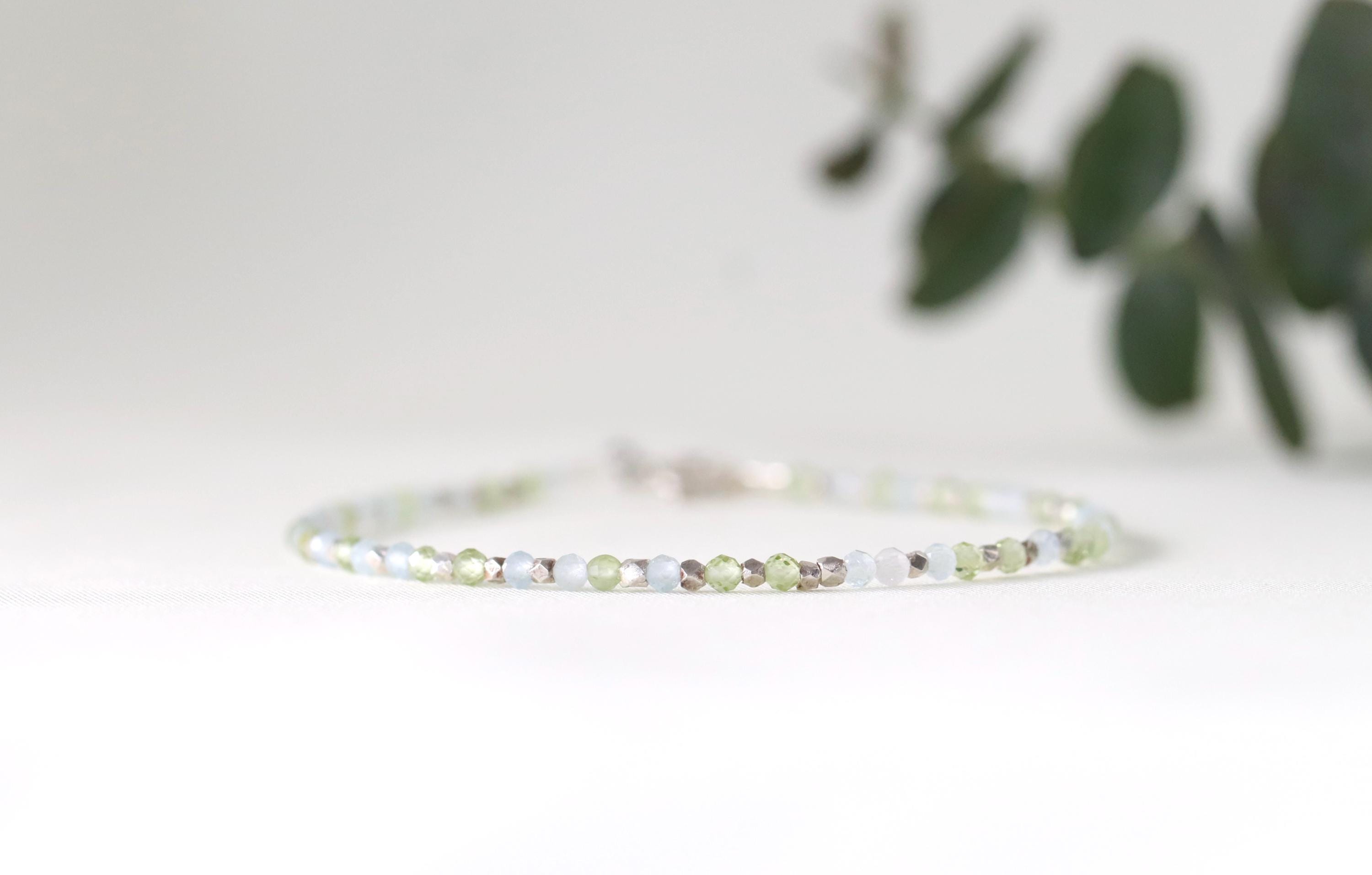 Green Peridot With Blue Aquamarine & 999 Sterling Silver Karen Hill Beads, Tiny Blue Green Stone Bracelet, August March Birthstone Bracelet