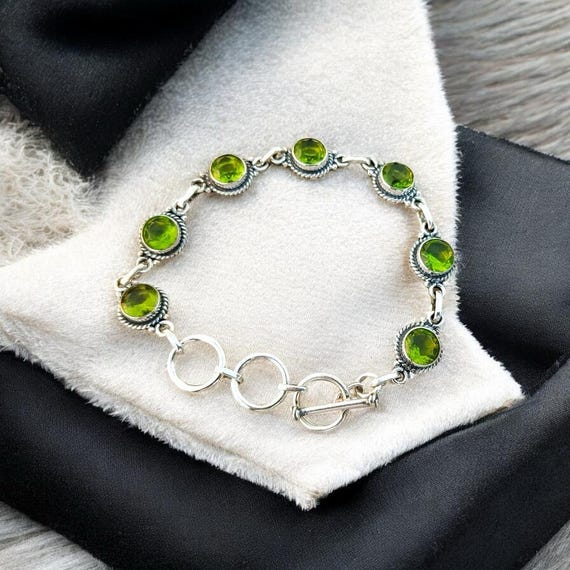 Green Peridot Sterling Silver Bracelet: Handmade Boho Jewelry