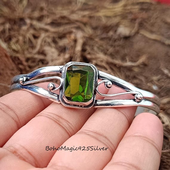 Handmade Peridot Bangle: 925 Sterling Silver Adjustable Cuff Handmade Peridot Bangle: 925 Sterling Silver Adjustable Cuff