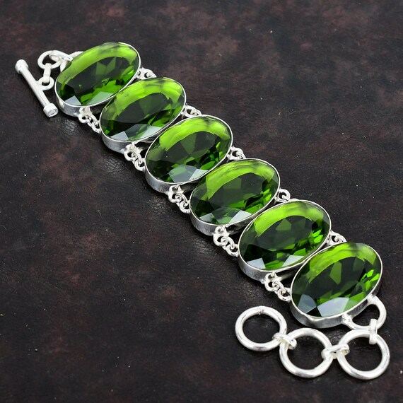 Handmade Faceted Peridot Bracelet: 925 Sterling Silver Adjustable Chain