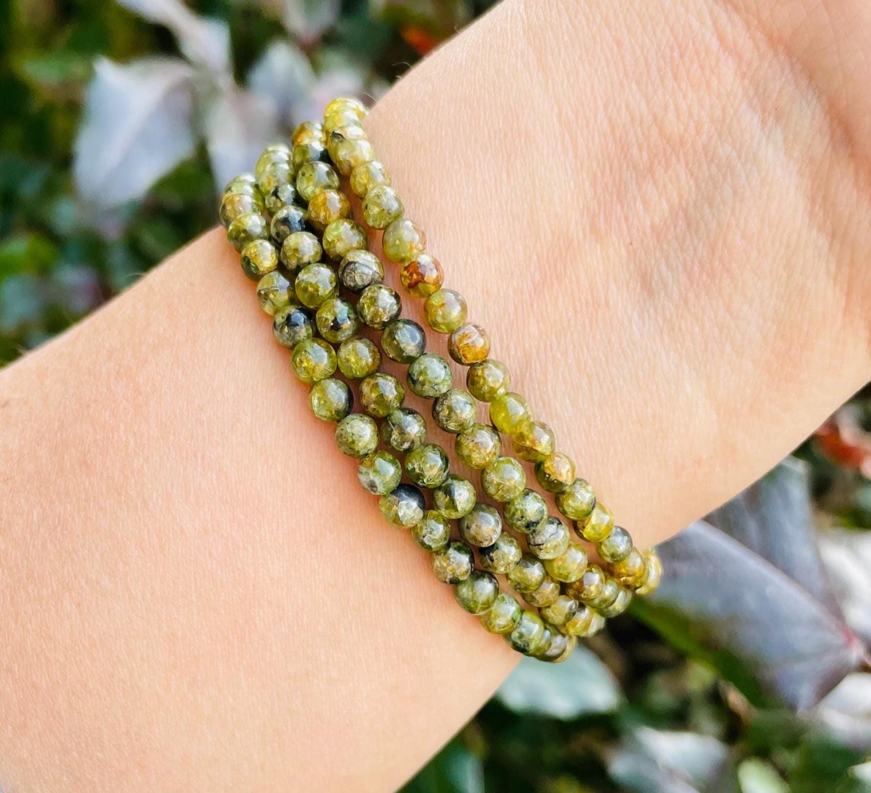 Mini Peridot Crystal Bracelet: Olivine Green Dark Natural Peridot Gemstone Jewelry Minimalist (5-7.5" Wrist)