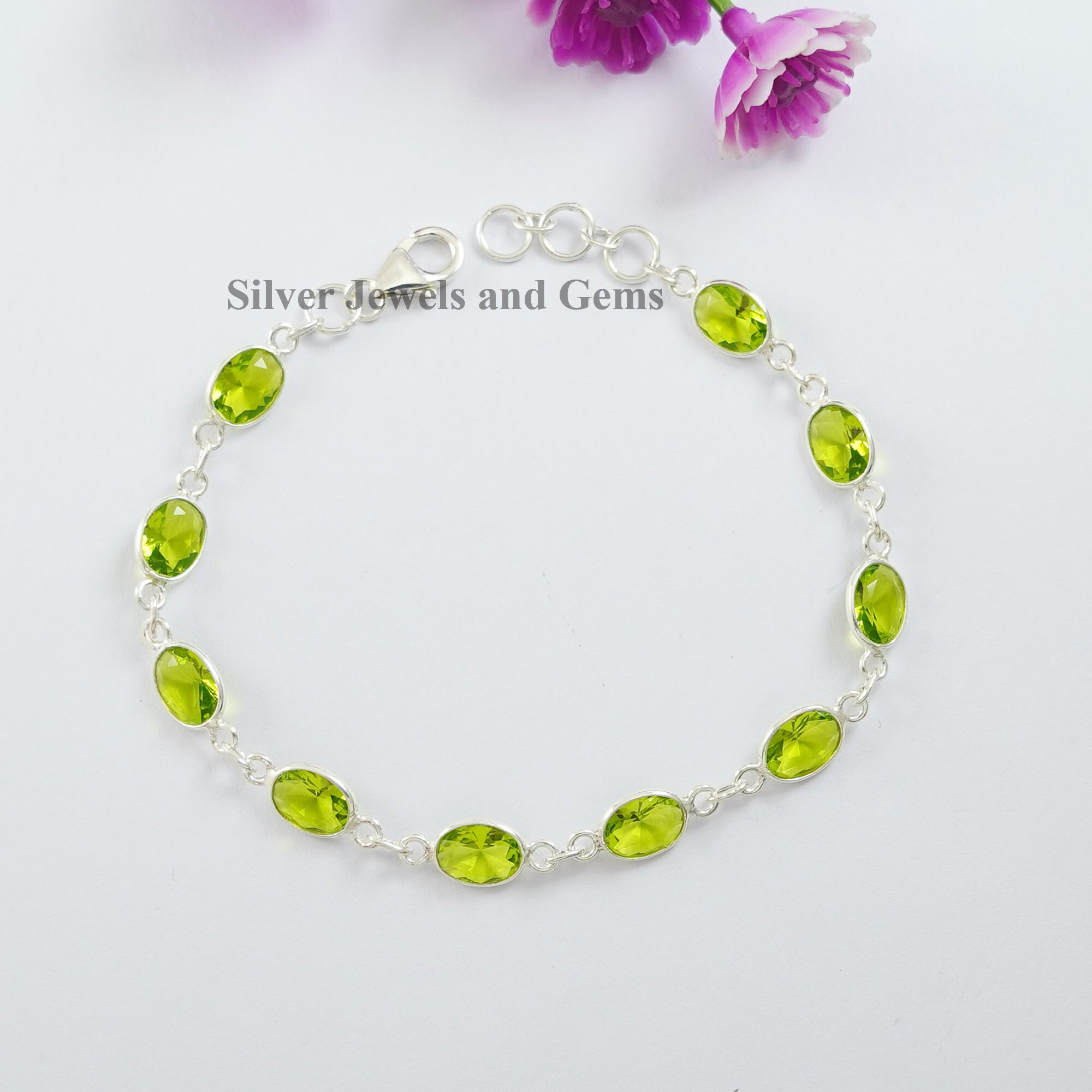 Natural Peridot Bracelet, Handmade Bracelet For Women, 925 Sterling Silver Bracelet, Oval Peridot Bracelet, Wedding Hand Jewelry