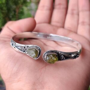 Raw Peridot Bangle: 925 Sterling Silver Boho Stacking Bracelet Raw Peridot Bangle: 925 Sterling Silver Boho Stacking Bracelet
