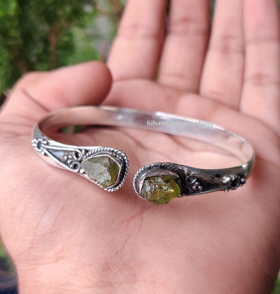 Raw Peridot Bangle: 925 Sterling Silver Boho Stacking Bracelet Raw Peridot Bangle: 925 Sterling Silver Boho Stacking Bracelet