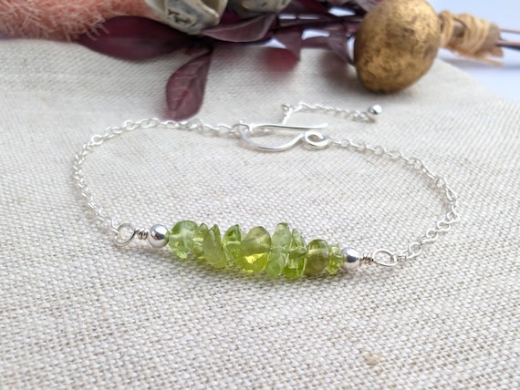 Peridot Sterling Silver Bracelet, Dainty Birthstone Bar Bracelet, August Birthstone, 925 Sterling Silver, Birthday Gift