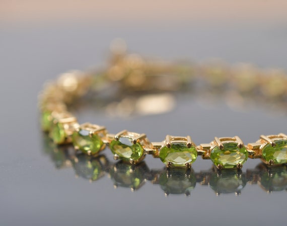 Vintage Peridot Tennis Bracelet: 14k Gold Overlay, Sterling Silver Bridal Jewelry