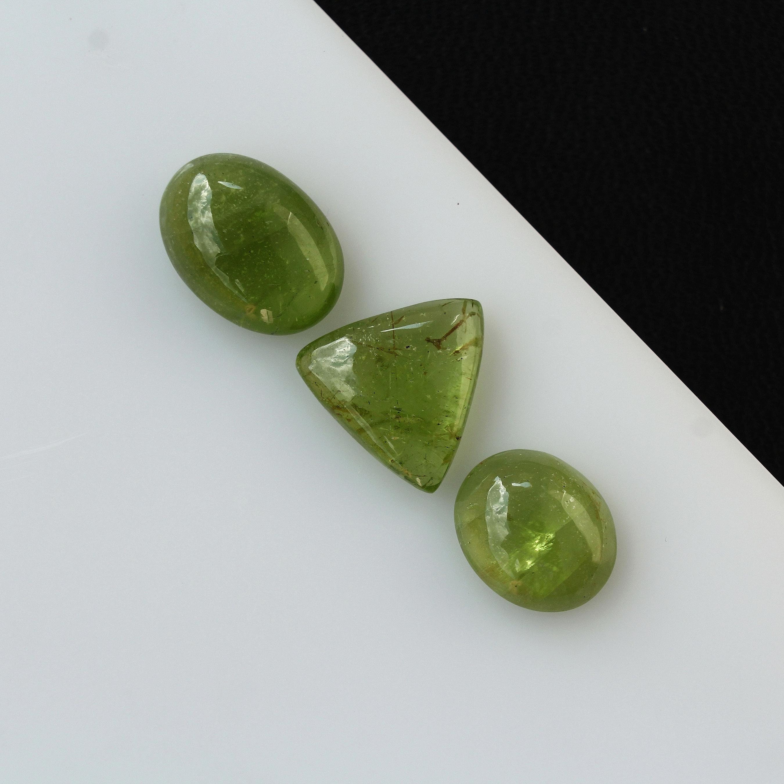 3 Piece Peridot Cabochon Lot, Assorted Shapes And Sizes, Natural Gemstones - 15.89ct